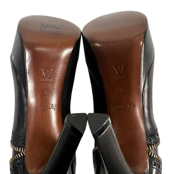 Louis Vuitton Platform Heels Size 6 Zipper Trim Pump Black Leather Authentic w s - Picture 7 of 12